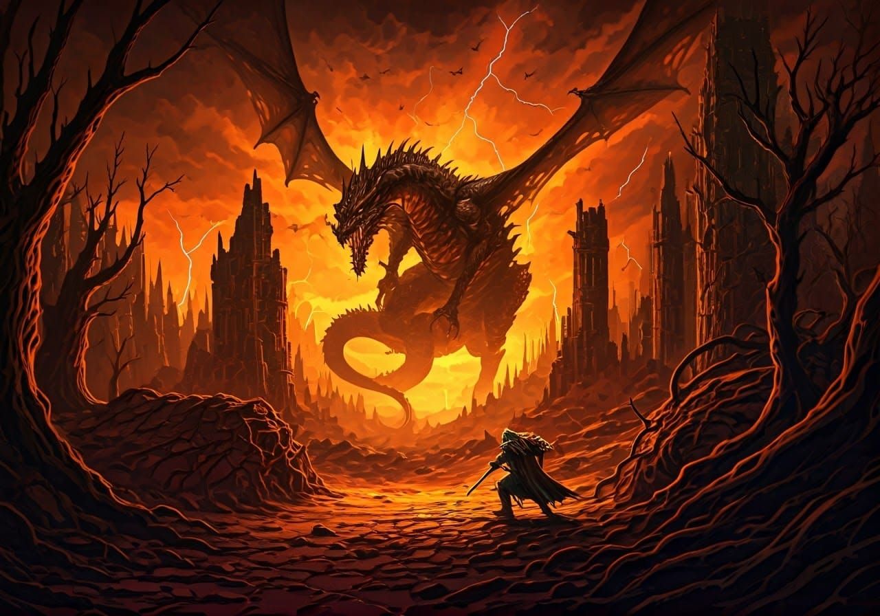 Warrior vs. Dragon in Post-Apocalyptic World