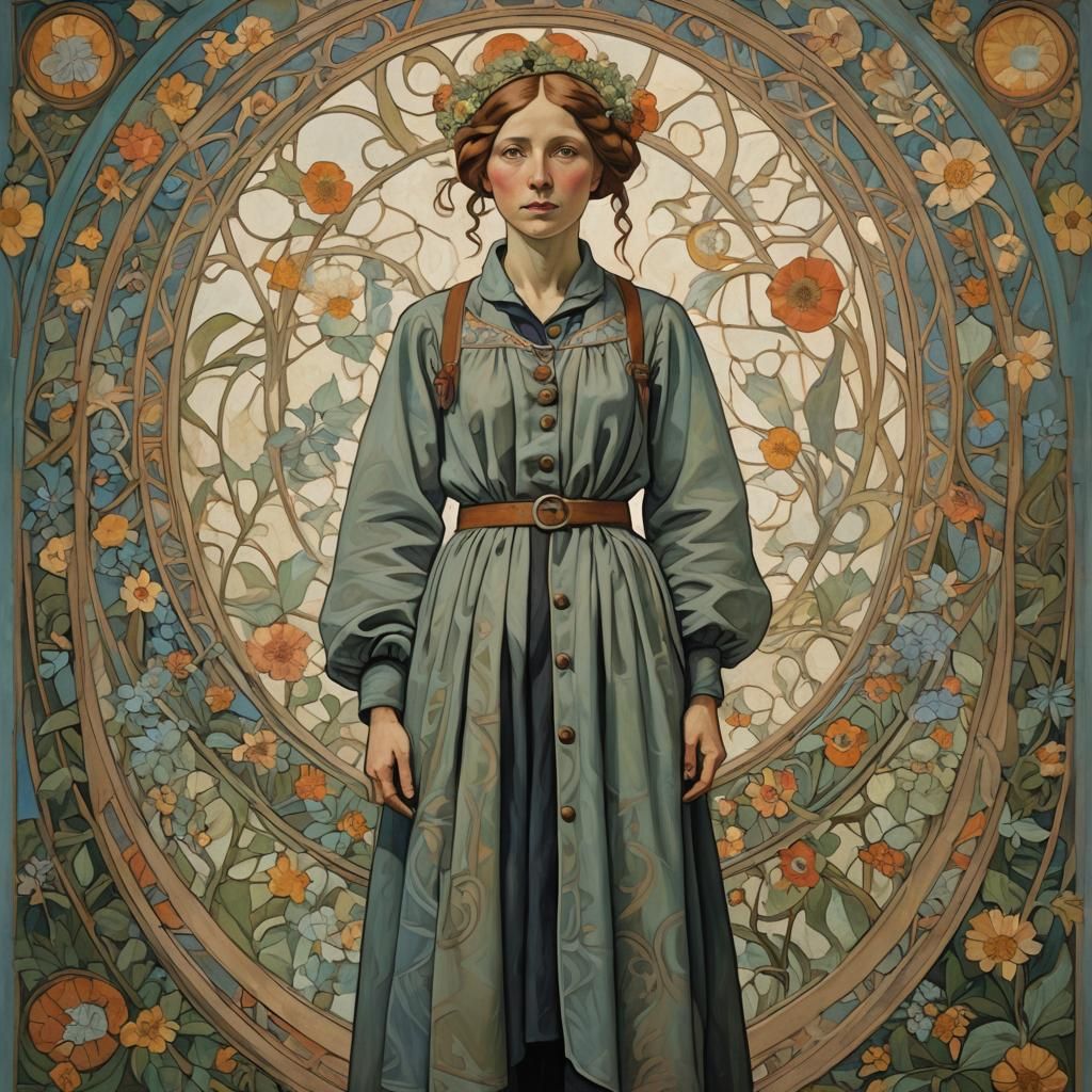 Woman in Dynamic Pose, Art Nouveau Landscape