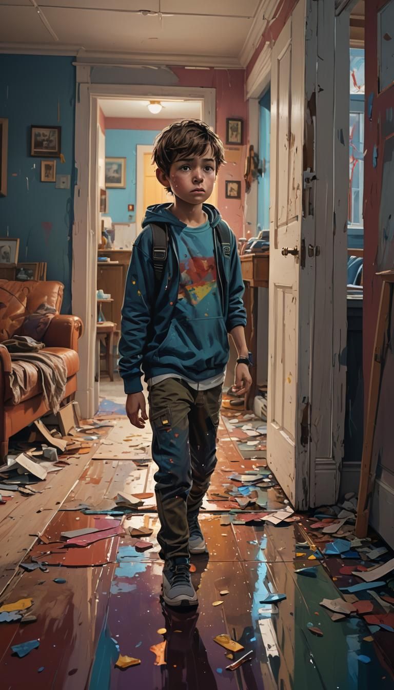 Sad Boy Walking at Night: Hyperrealistic Splash Art