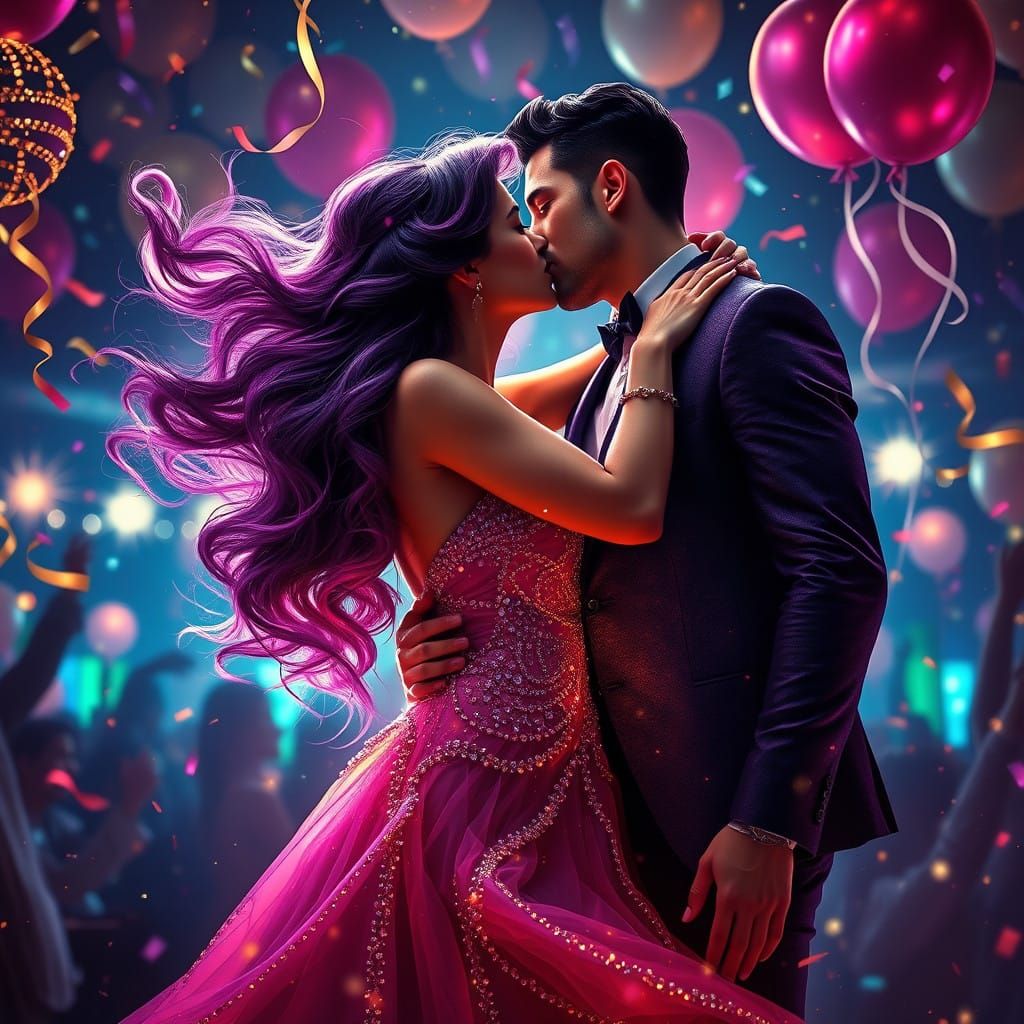 Glamorous New Year's Eve Kiss in Vibrant, Dreamlike Style
