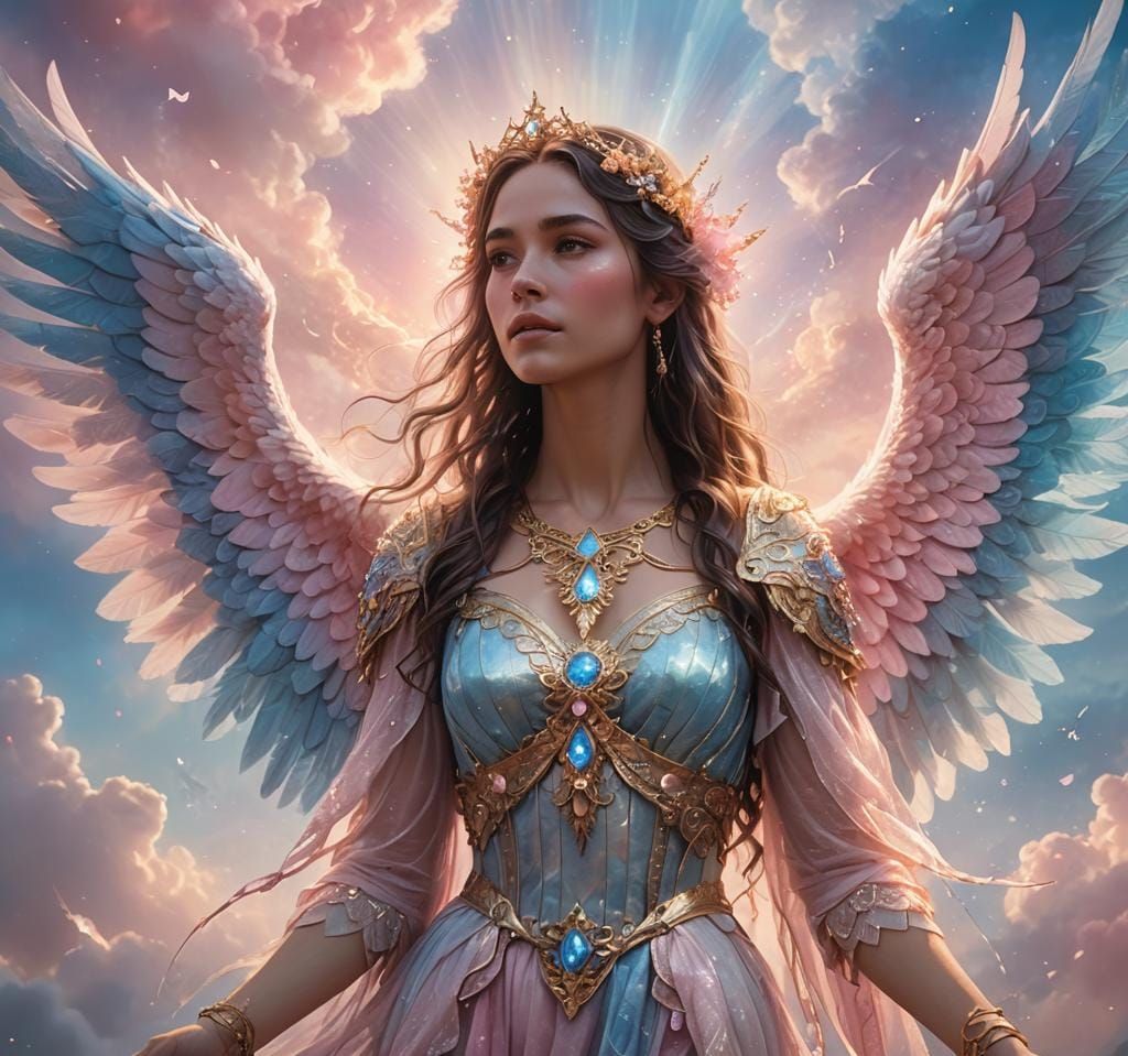 Ethereal Woman in Angelic Realm: Fantasy Concept Art