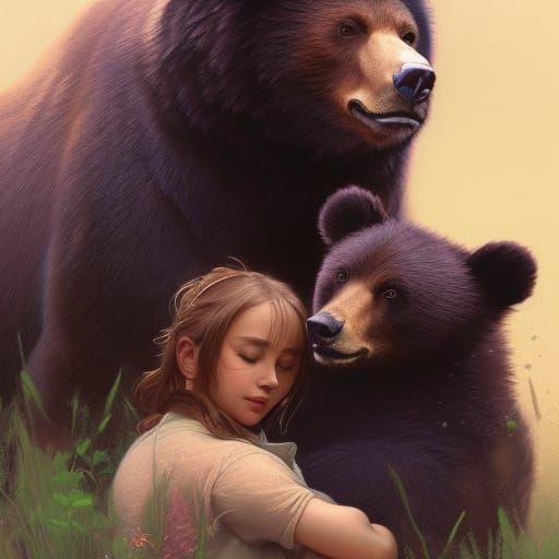 Bear and Cub Hugging: Hyperdetailed Portrait
