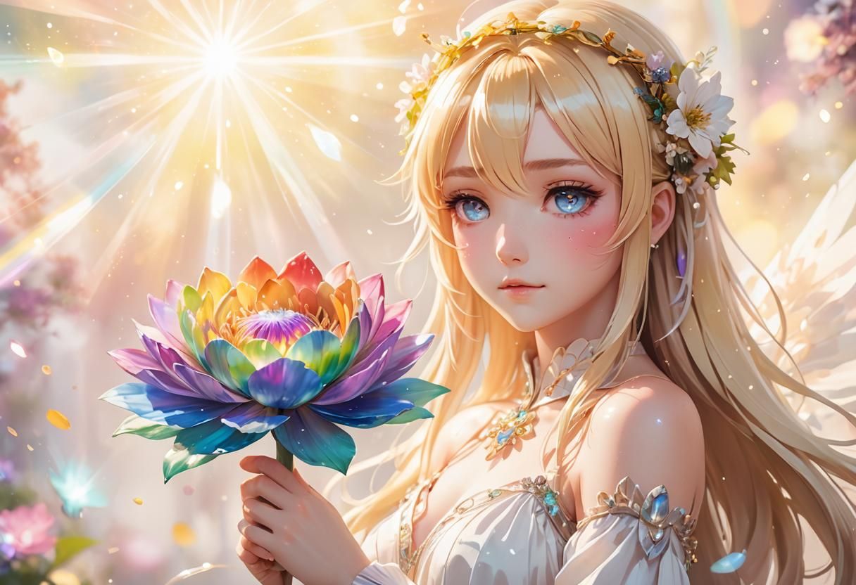 Anime Angel with Iridescent Flower, Digital Art