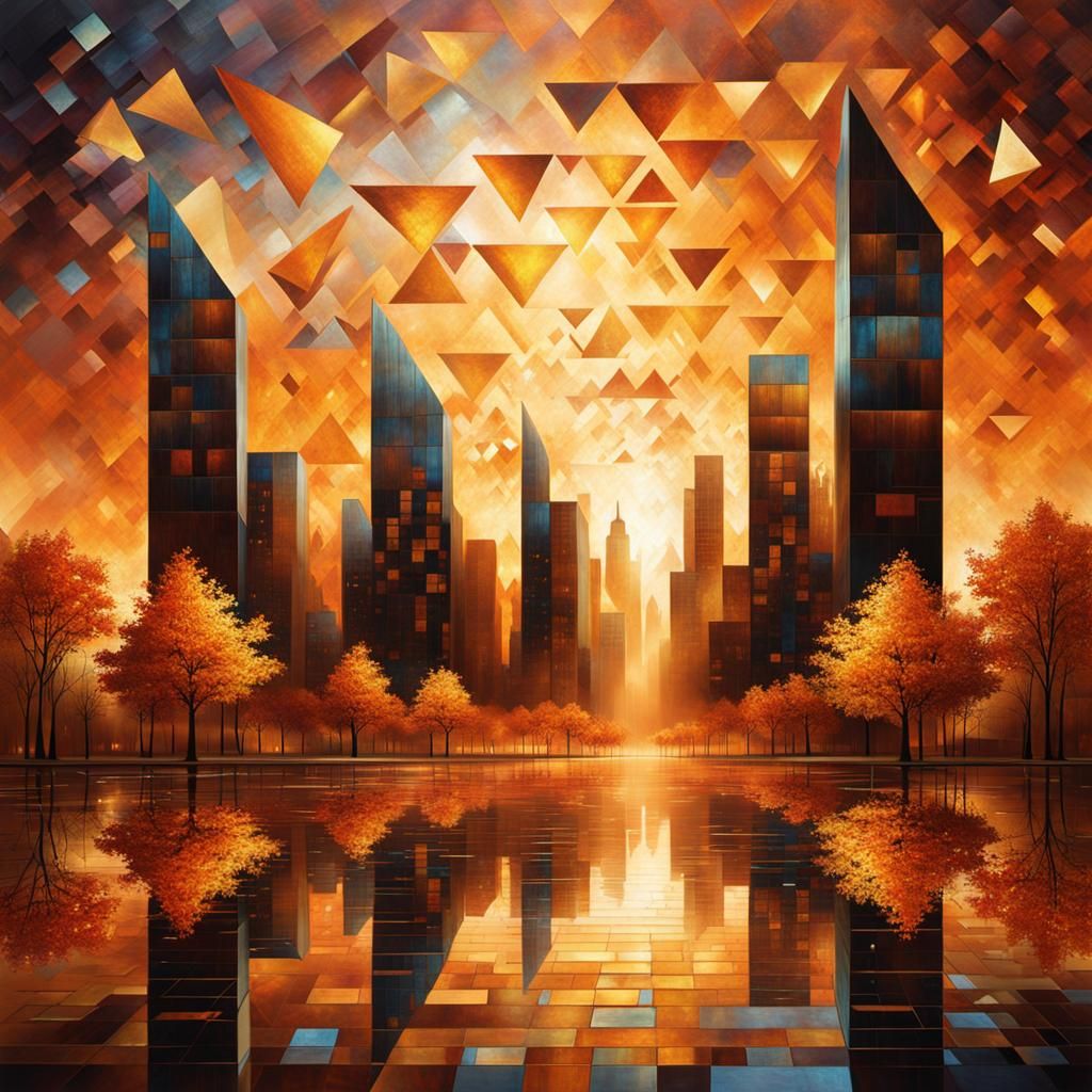 Ethereal Cityscape: Squares Morphing into Triangles in Oil P...