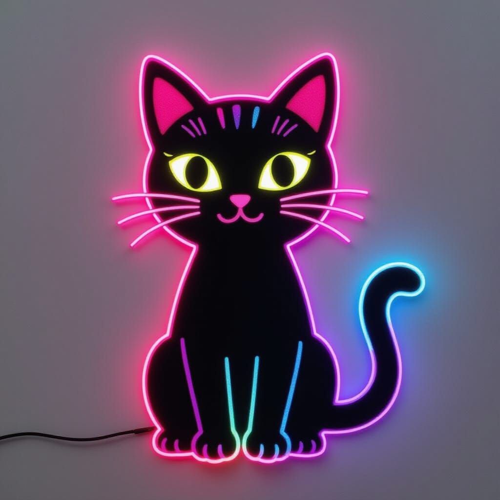 Neon Alien Cat Felt Cutout on Black Velvet
