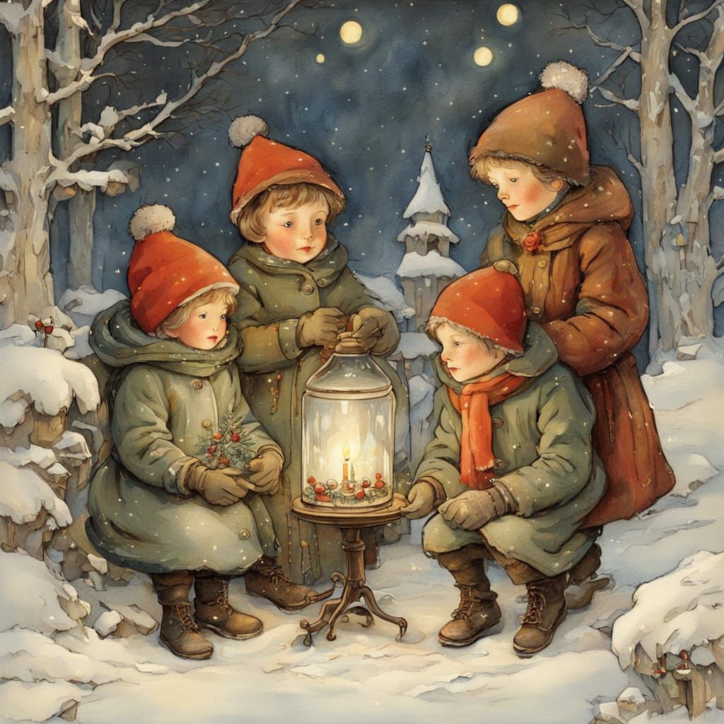 1920s children's book, a family of robins at Christmas