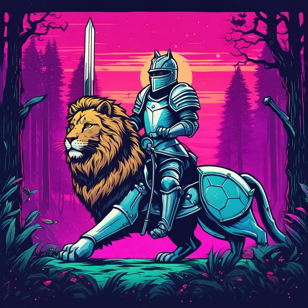 Medieval Cat Knight on Armored Lion, Synthwave Style