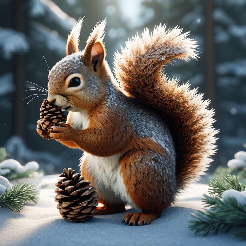 Squirrel with Cedar Cone: Detailed Matte Painting