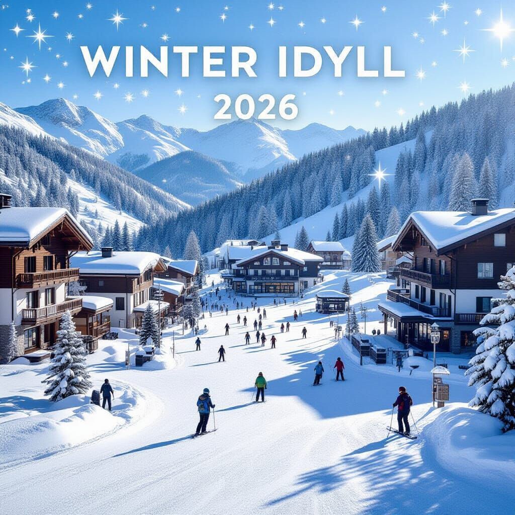 Magical Snowy Mountain Resort With New Year Decorations