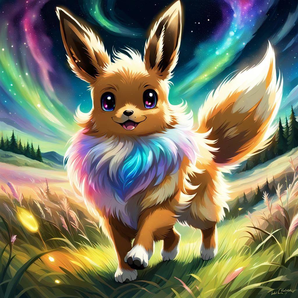 Magical Eevee Runs Through Aurora Field