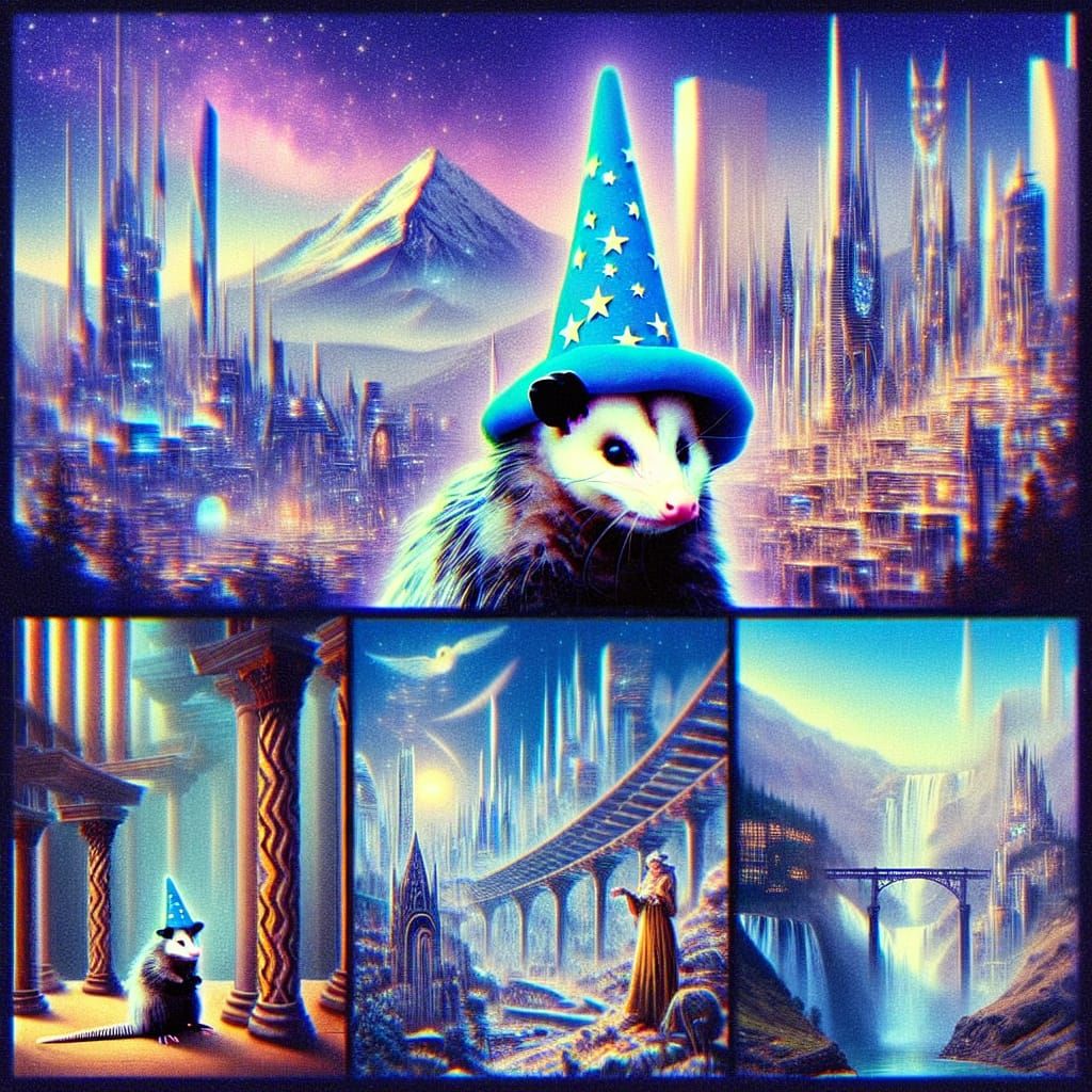 Opossum Wizard in Multivaporwave Cityscape, Digital Art