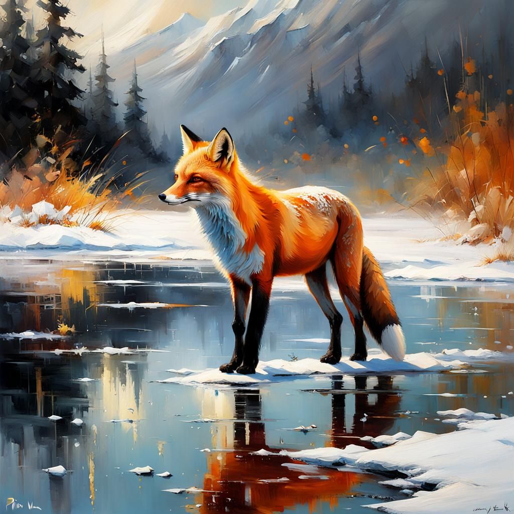 Fox on Frozen Lake in Blizzard, Art Painting