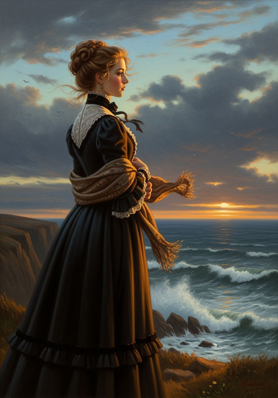 Victorian Woman Gazing at Stormy Sea at Dusk