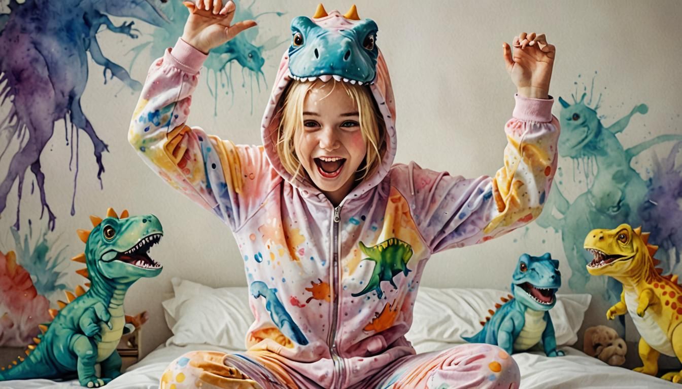 Blonde in Dino Onesie: Watercolor Double Exposure