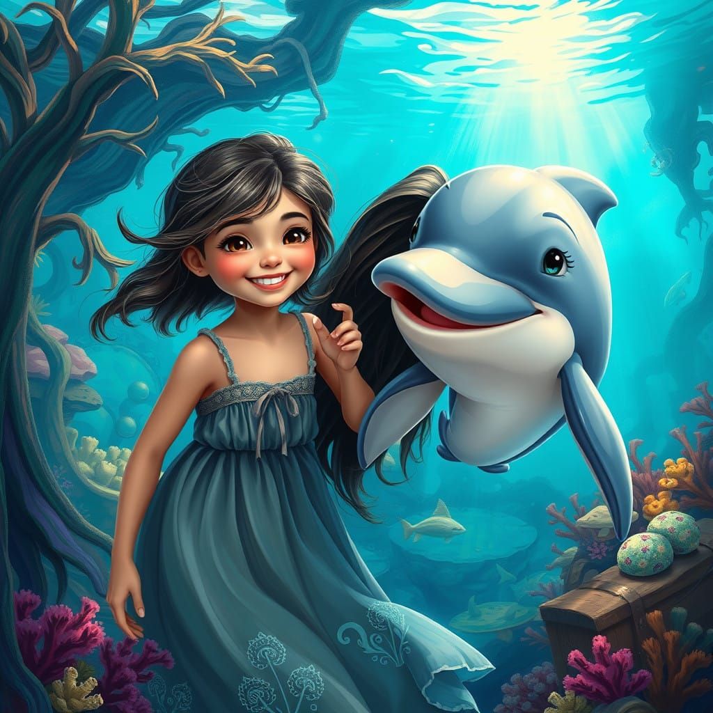 Gentle Moment of a Young Girl with a Cartoon Dolphin in a Dr...