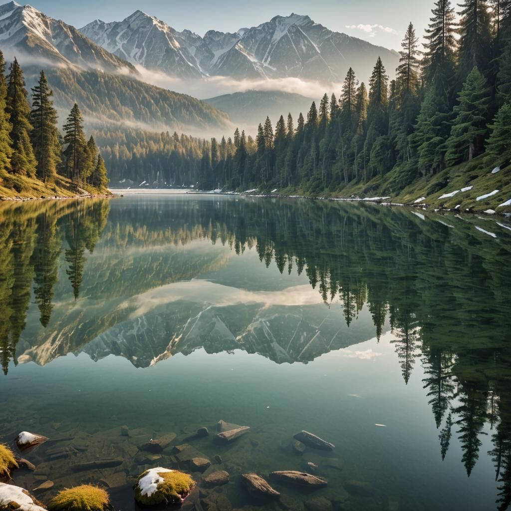 Majestic Snow-Capped Mountains Reflected in Lake