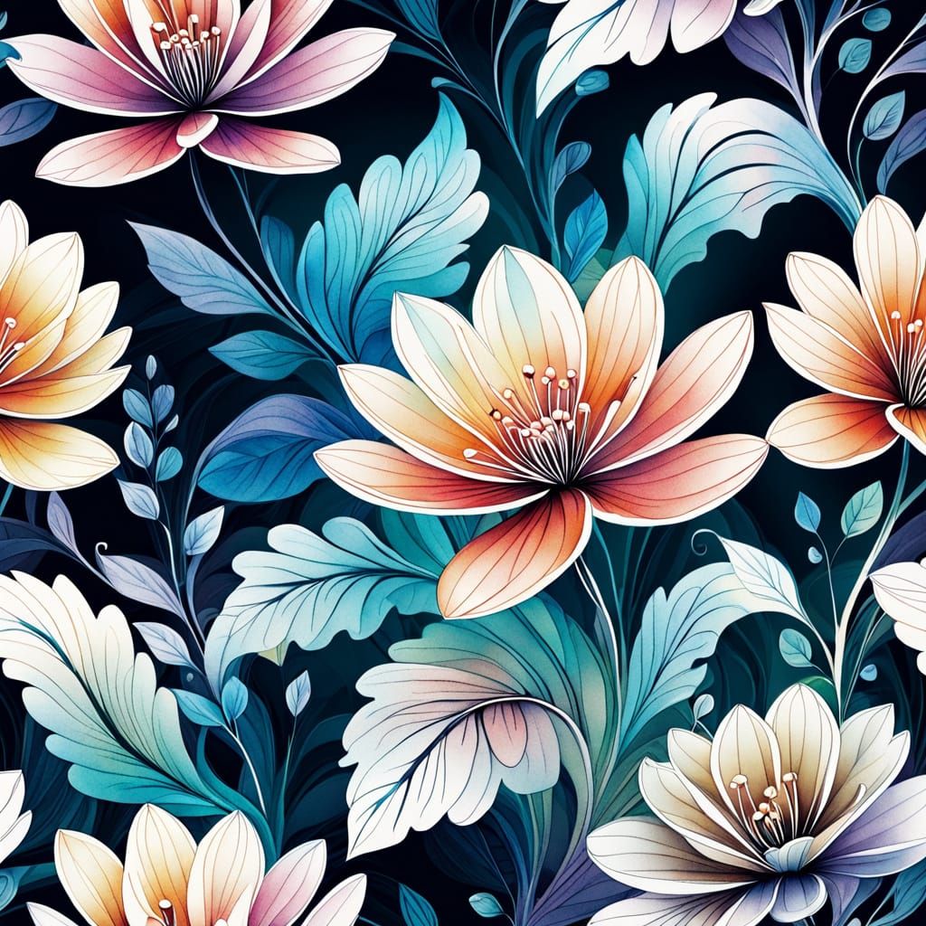 Ethereal Watercolor Flowers with Fractal Waves