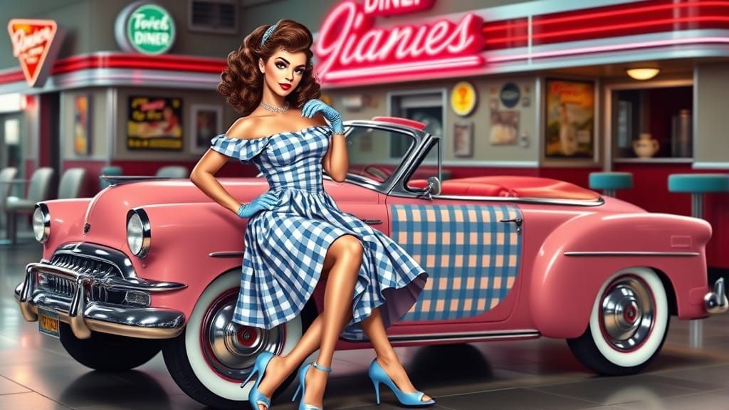 Rockabilly Pin-Up Model Poses Beside Vintage Hot Rod in Bold...