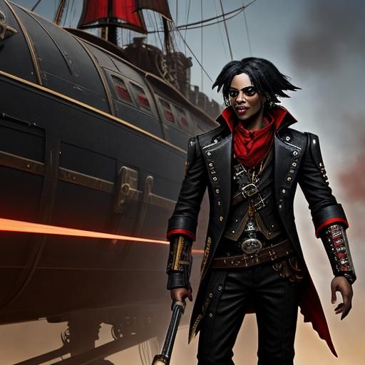 Steampunk Ebony Space Pirate in Black and Red