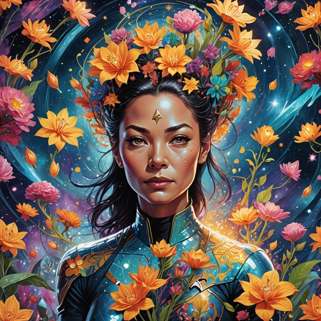 Astral Woman with Glowing Flowers in Holographic Style