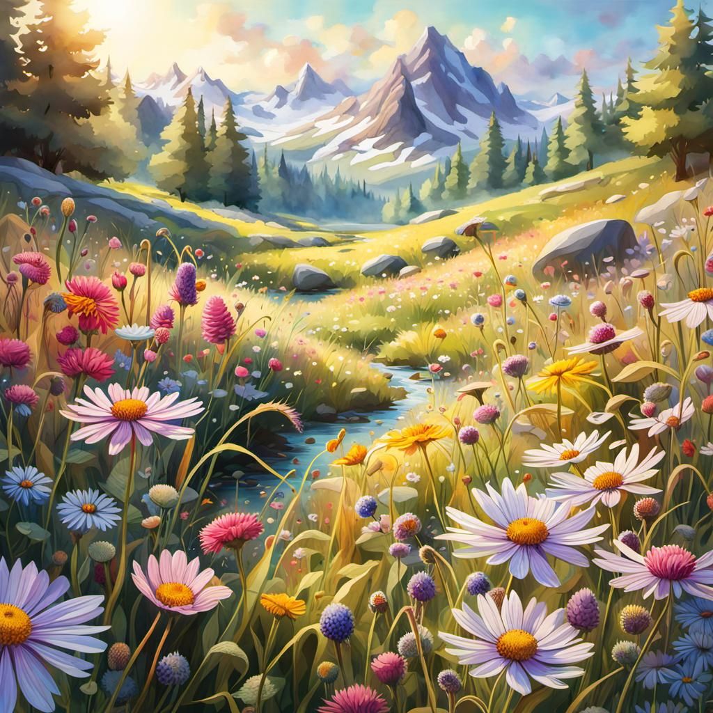 Flower Meadow Fantasy Landscape with Field Mouse