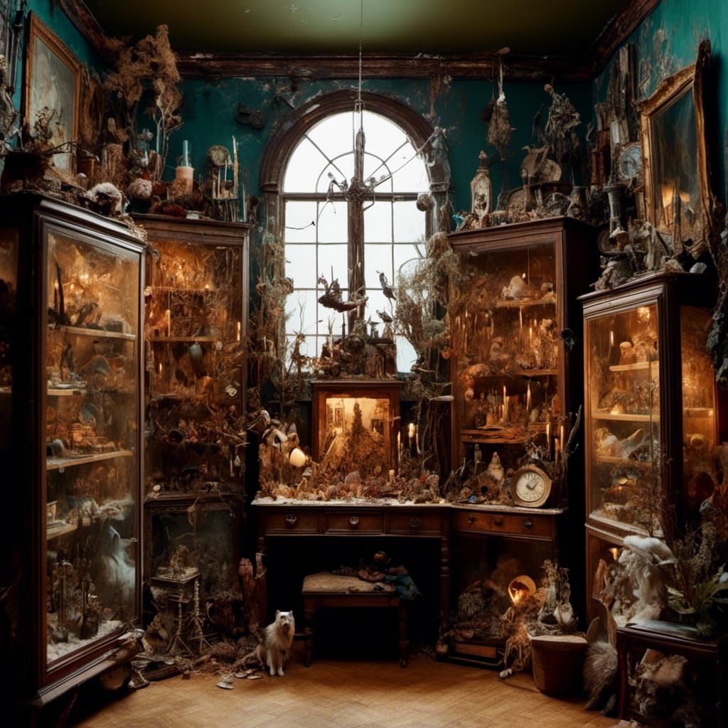 <lora:Macabre:1.0> Miniature maximalist cabinet of curiosities , taxidermy, crystals, plants