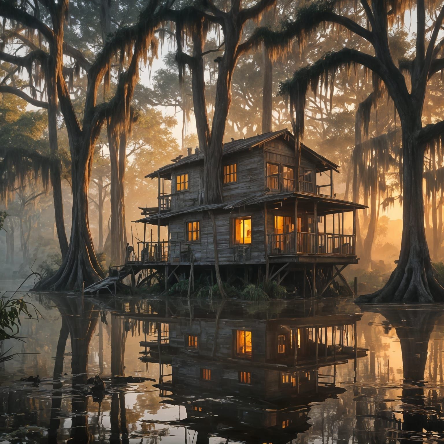 Louisiana Swamp: Floating House at Sunrise