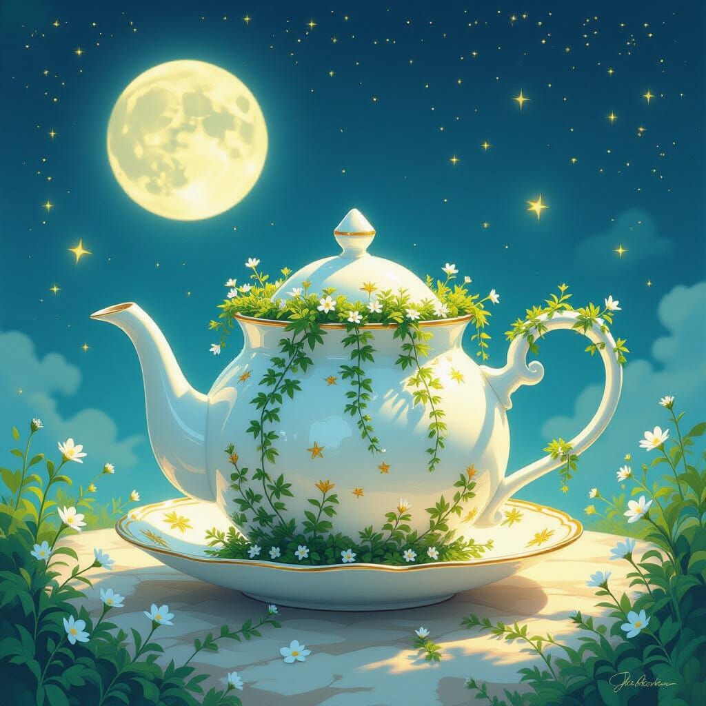 Teapot Garden on the Moon in Fantasy Art Style
