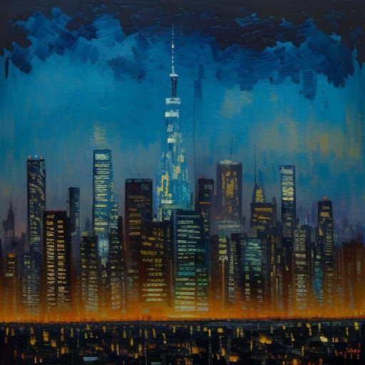 Tiny House in Cityscape as Neo-Impressionist Oil Painting