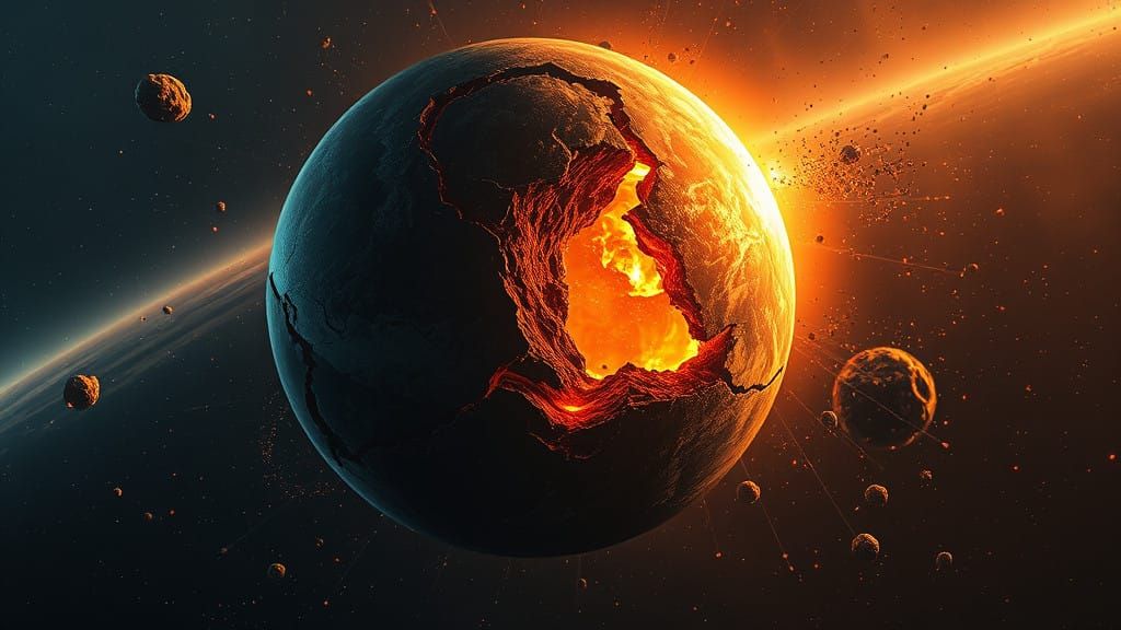 Futuristic Ruins of a Destroyed Planet in Cosmic Space