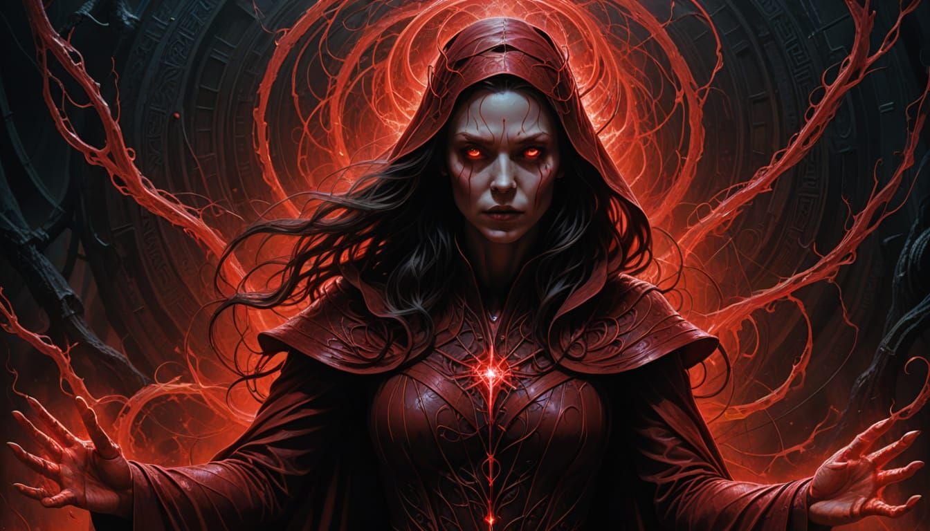 Scarlet Witch Conjuring Ethereal Energy in Dark Fantasy Styl...
