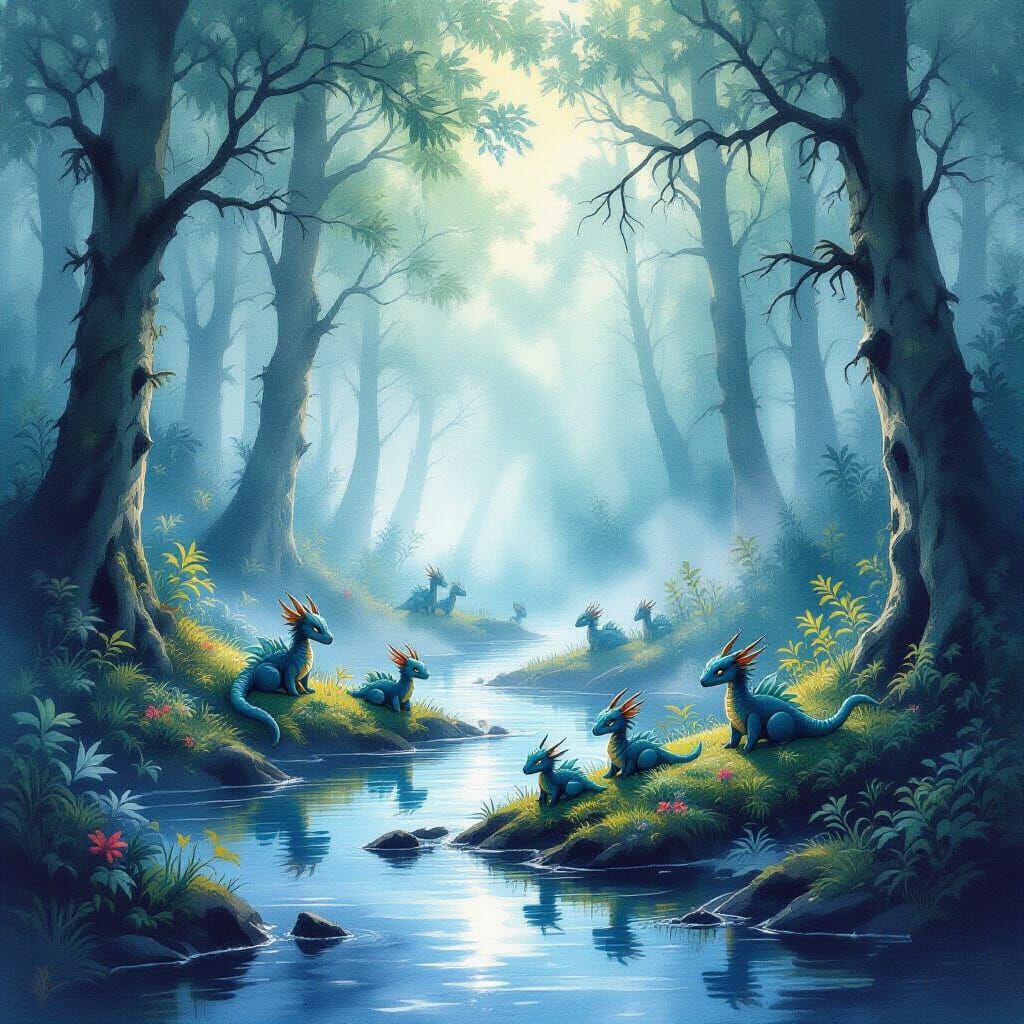 Miniature Dragons in Foggy Forest Watercolor