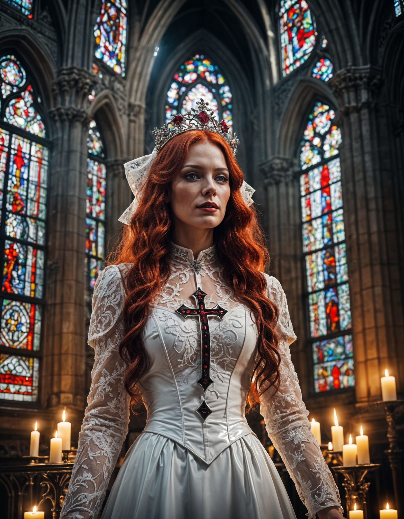 Gothic Cathedral: Woman with Red Hair at Altar
