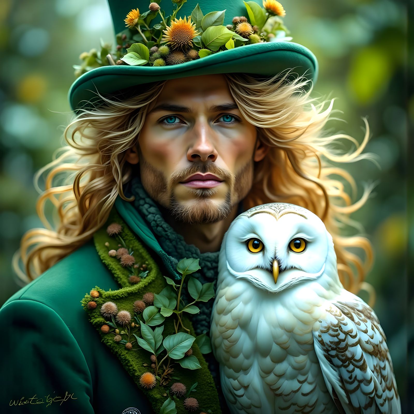 Godlike Man in Emerald Green, Holding a Snow Owl in a Light ...
