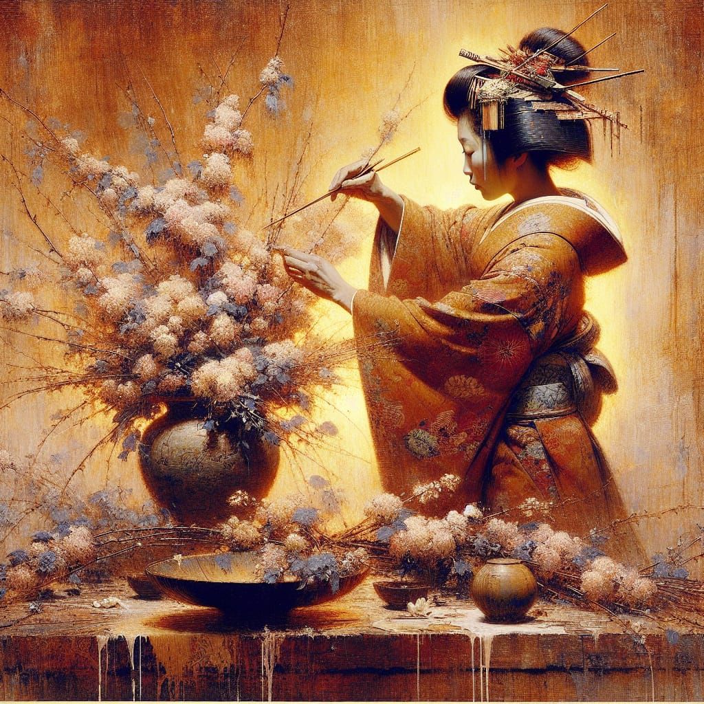 Onna-Bugeisha Creates Ikebana with Impasto and Glaze