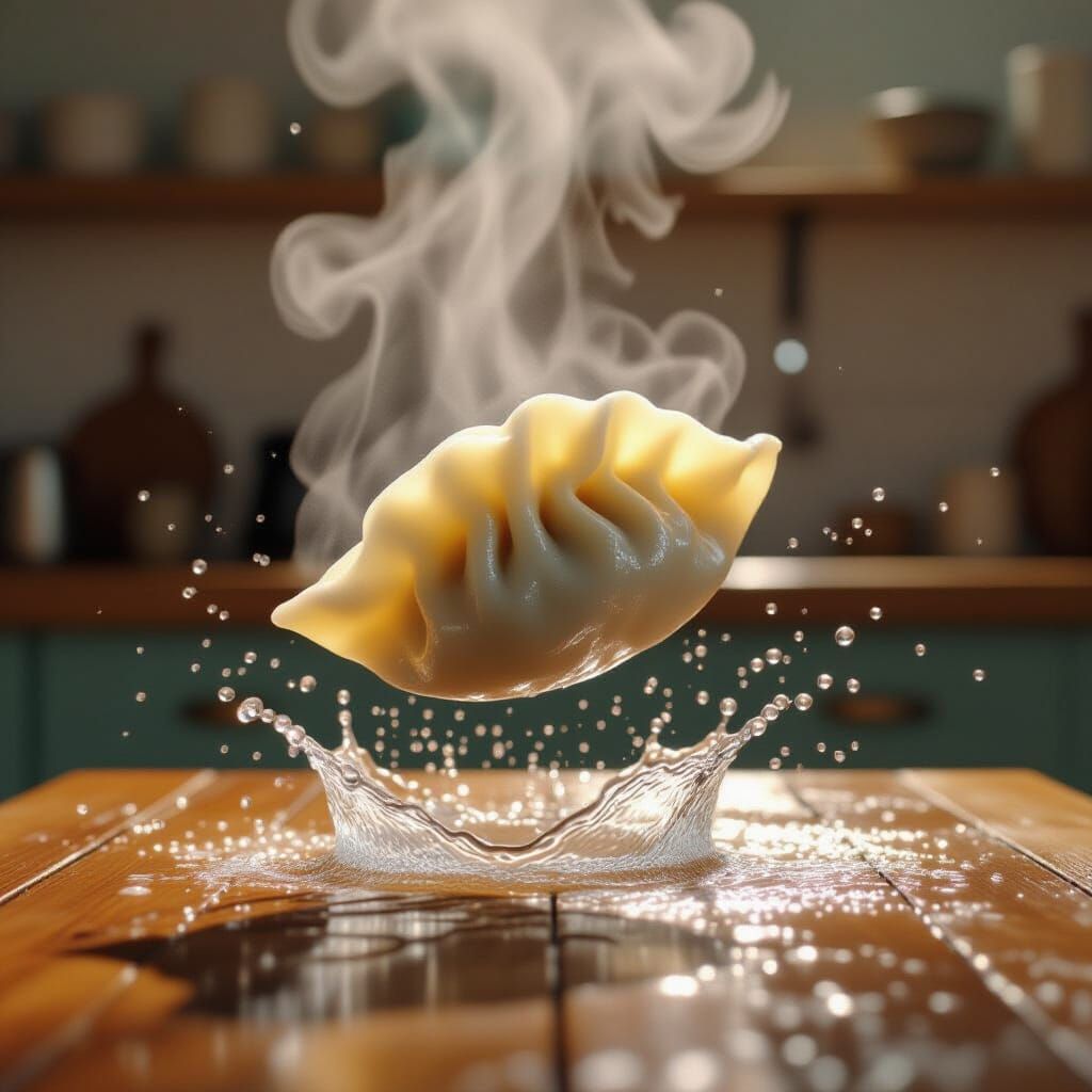 Dumpling in Slow Motion: Macro Shot with Steam