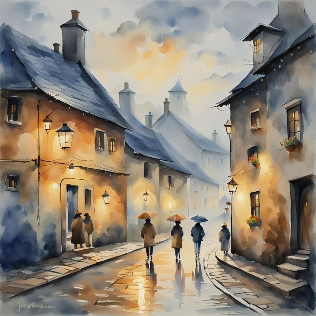 Quaint Village Street on Rainy Day, Watercolor Painting