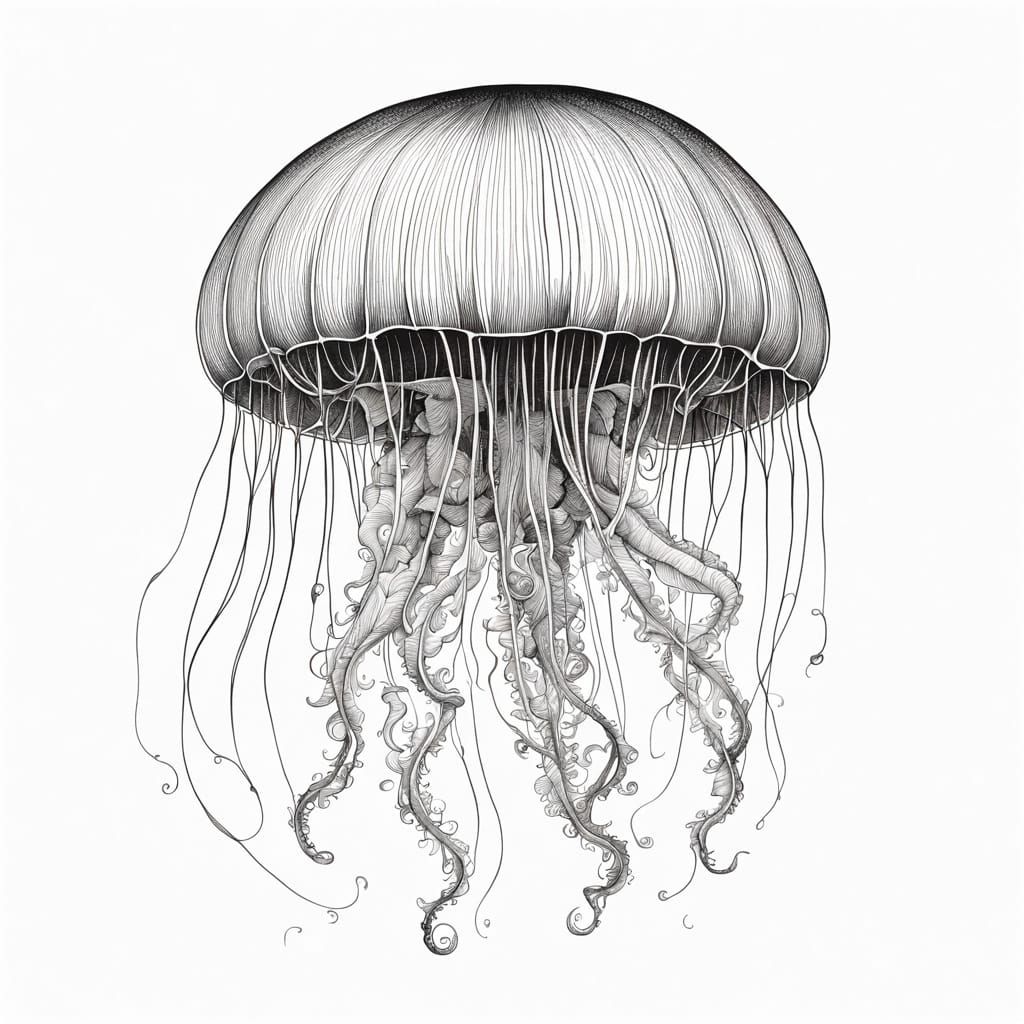 Vintage-Style Single Line Drawing of a Jellyfish in Simple W...
