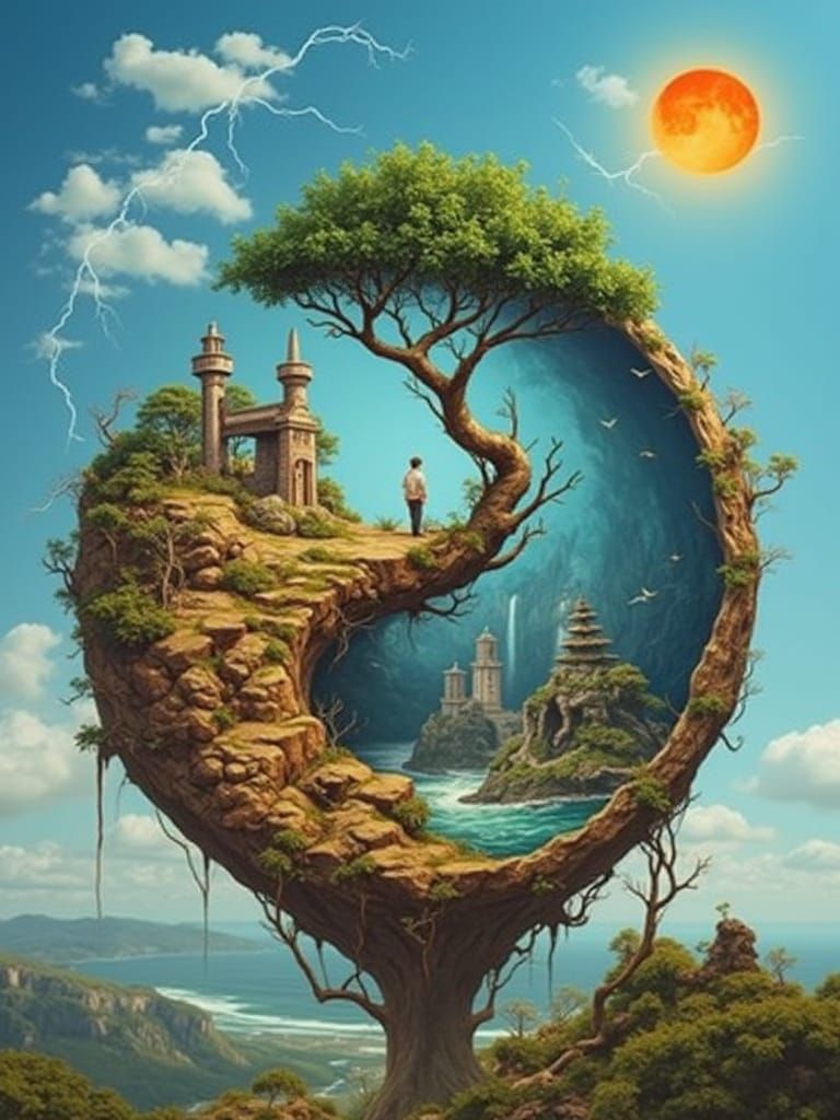 Surreal Yin Yang Stargate with Bonsai and Lighthouses