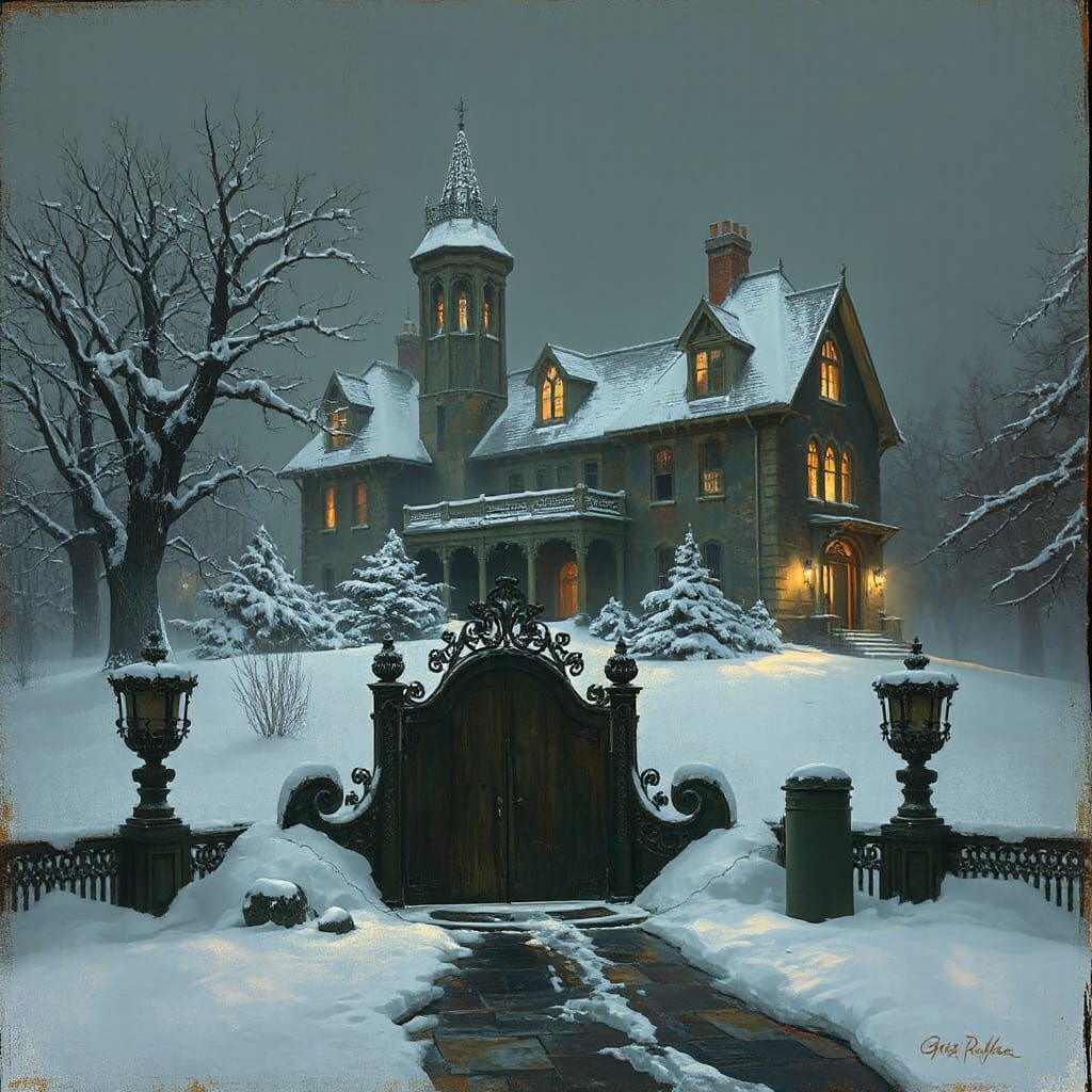 Haunted Mansion Under Winter's Sinister Snowfall
