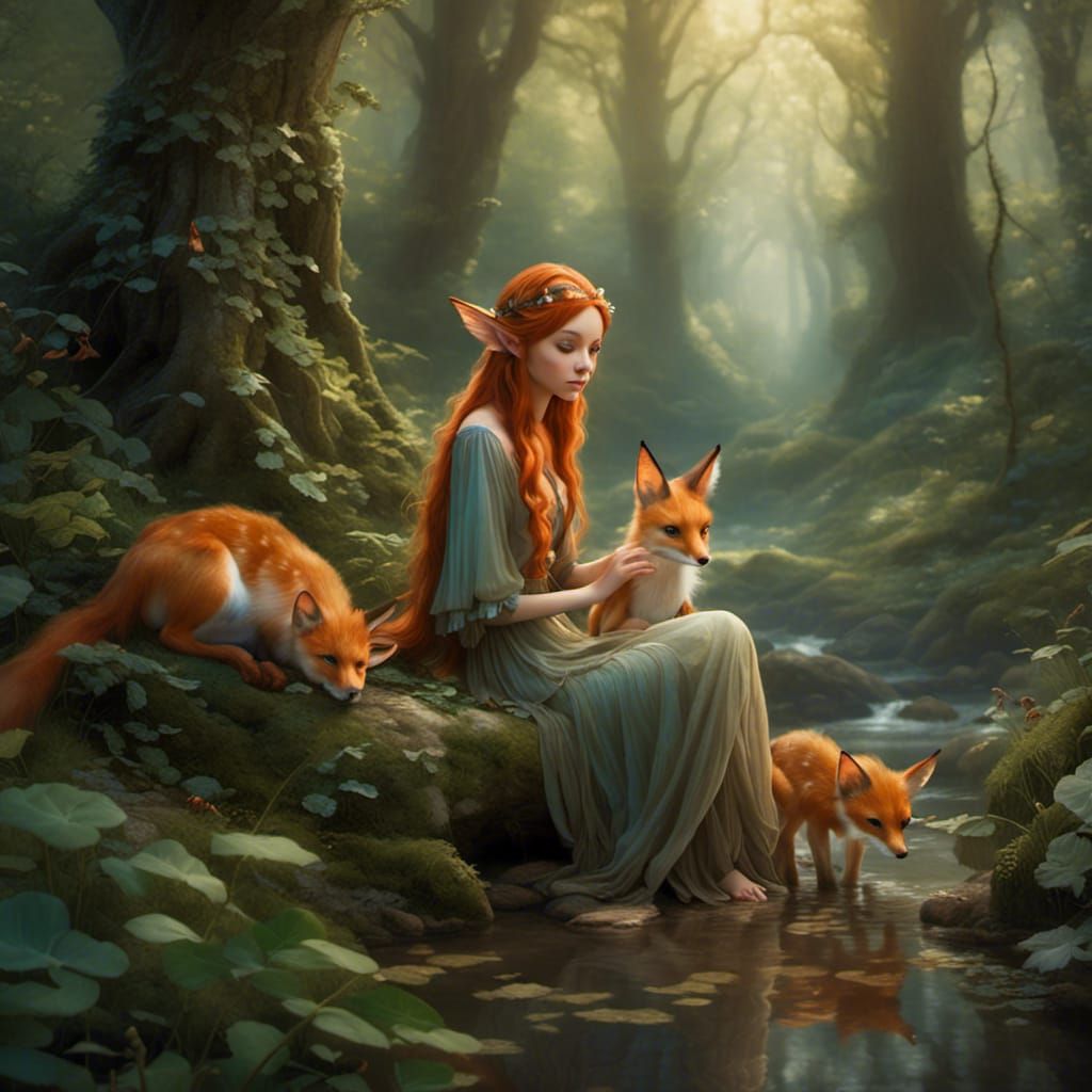 Elf and Fox in Forest Scene