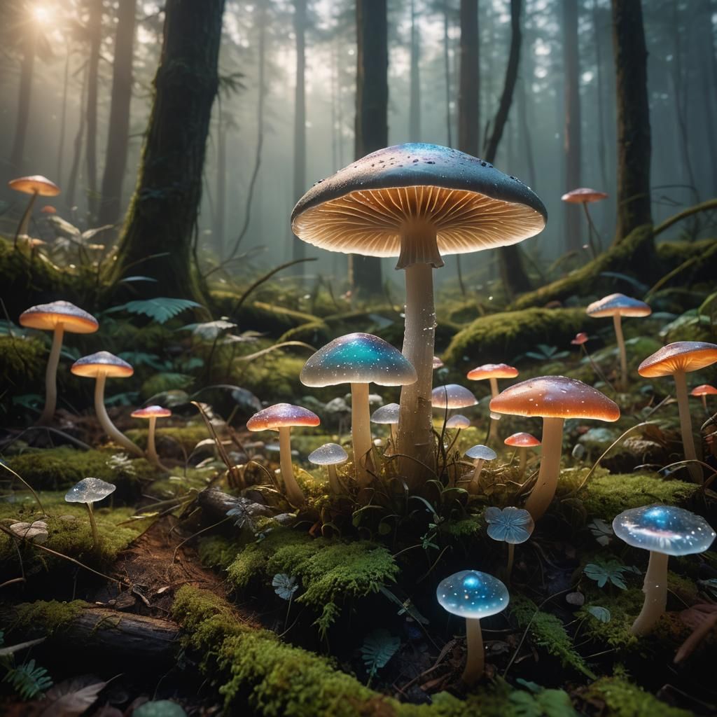 Glowing Glass Mushroom in Ethereal Forest
