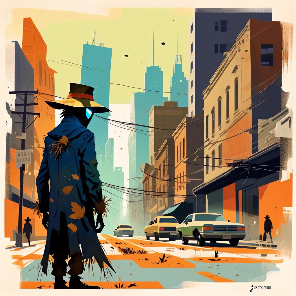 Scarecrow in Gritty Cityscape, Gyotaku Spy Movie