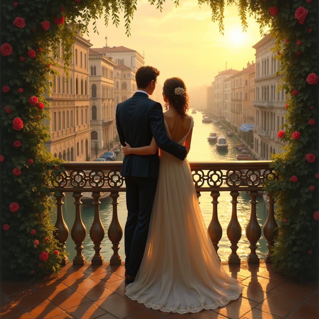 Romantic Couple Gazing Over Venice Canal in Sunset Glow