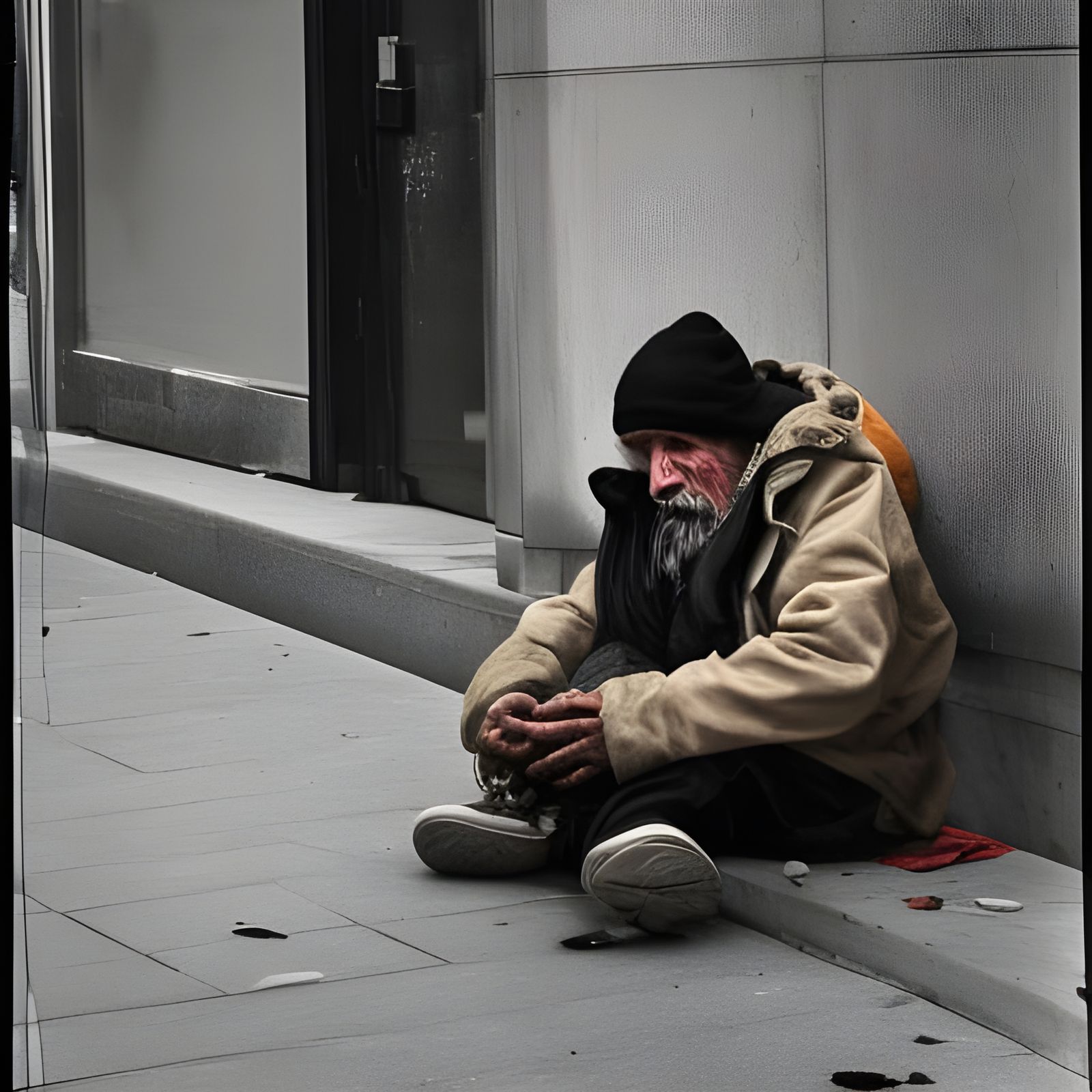homeless man sitting on a busy city street in a piece of cardboard with his dog beside him. Emotive hyper realistic intr...