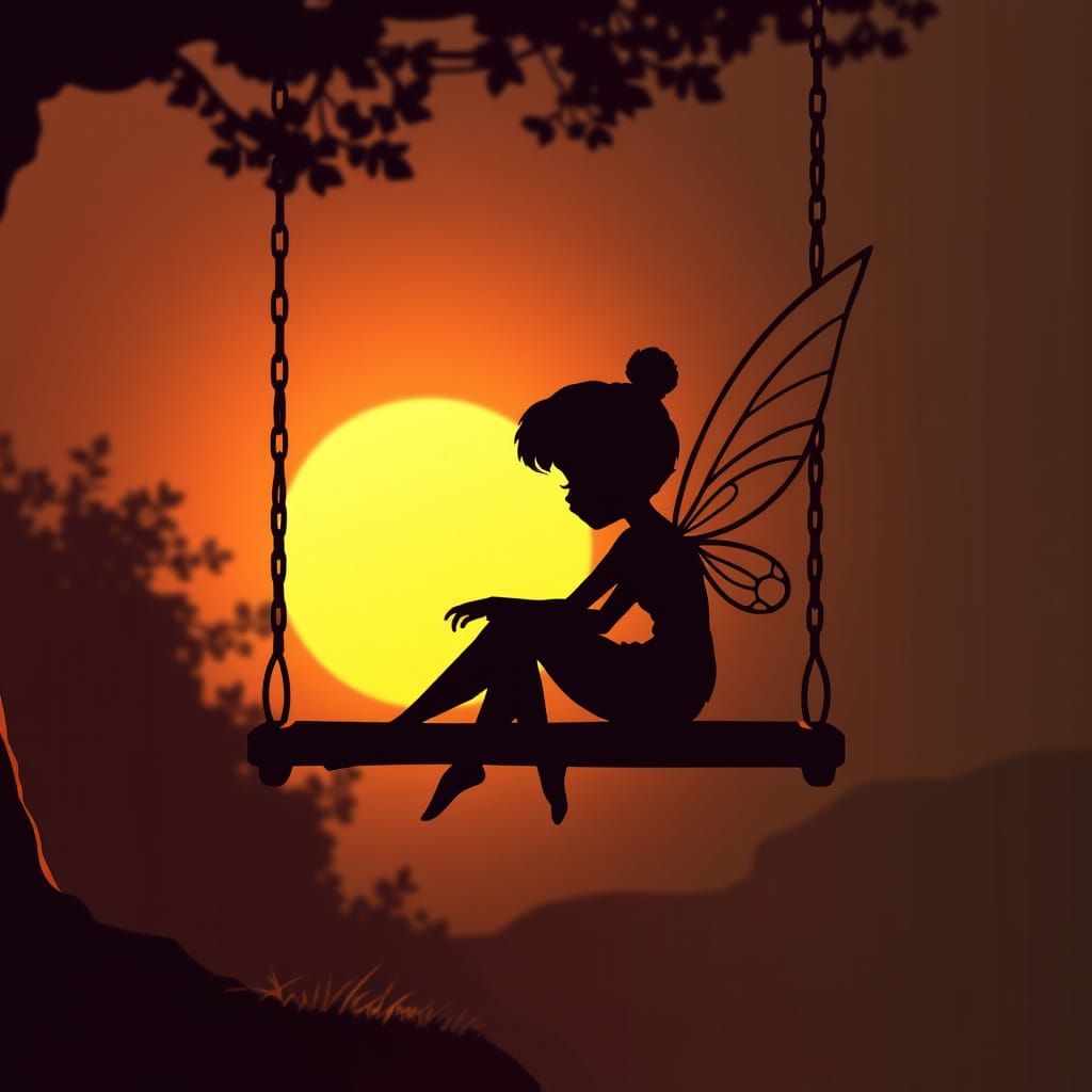 Tinkerbell Silhouette on Swing at Sunset, Vector Art