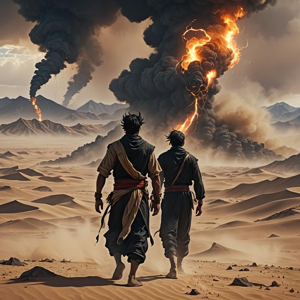 Fiery Desert Genie Rises in Smoky Tornado