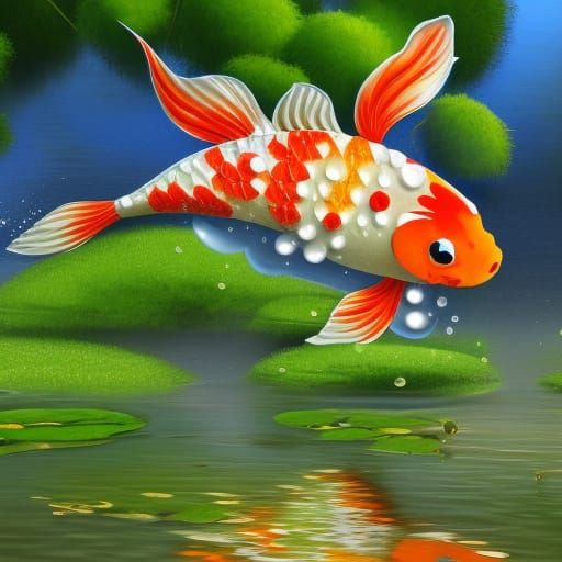 Koi Leaping from Pond: 3D Digital Art