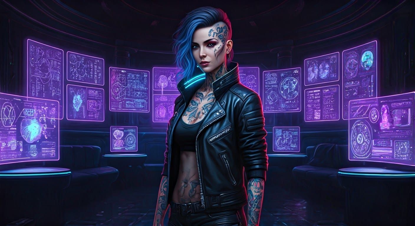 Cyberpunk Goddess in Neon Noir Elegance