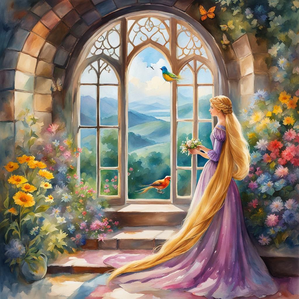 Rapunzel in Tower: Digital Watercolor Masterpiece